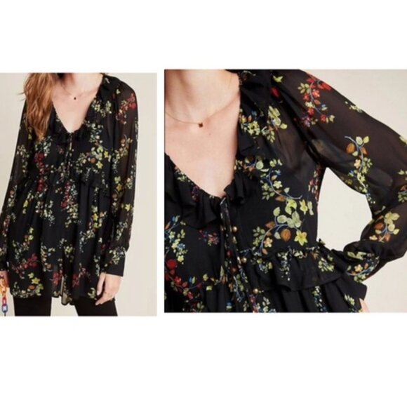 Anthropologie Floral Jamison Ruffles Flowy Blouse Whimsy Goth Tunic Top Boho M - Picture 7 of 16